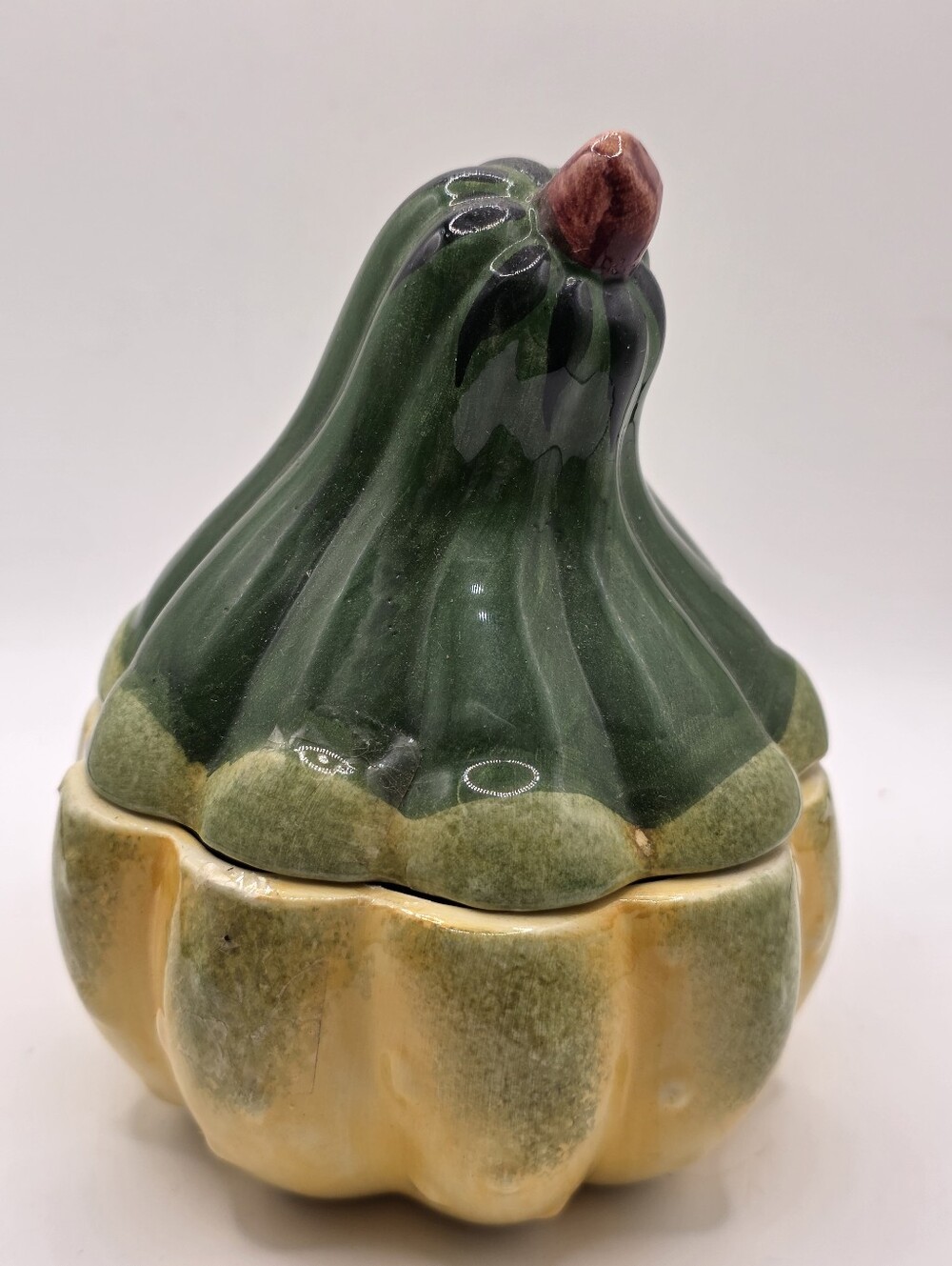 Vintage Glazed Ceramic Squash Gourd Lidded Jar Covered Dish Fall Decor Tureen
